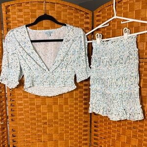 Mint Vanilla Floral Smocked Crop Top & Skirt Set